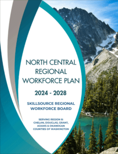 A photo in the background reveals part of a snowy mountain and a green lake, and in the foreground there's a swoosh design in shades of blue with text that says North Central Regional Workforce Plan 2024 - 2028.