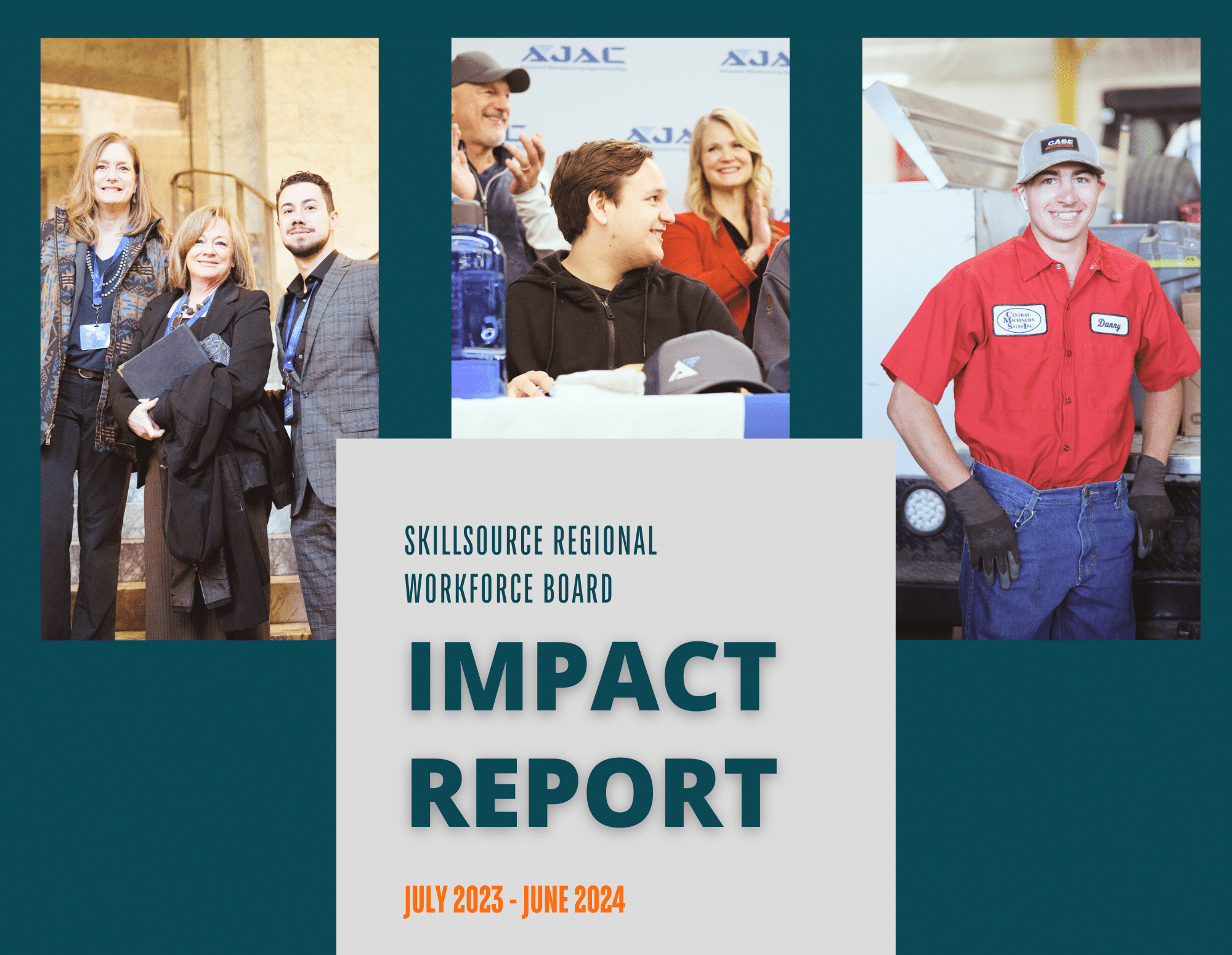 The cover page of an Impact Report that includes three vertical images of people on the steps of the State Capitol, a young apprentice, and a shop assistant standing by a truck.