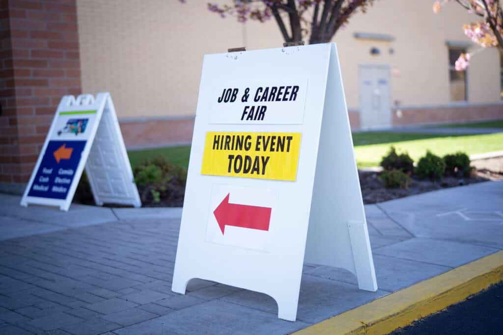 Hiring event sign at the front of the door at Big Bend Community College
