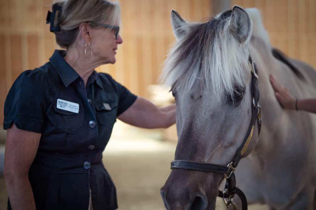 A woman in a dark uniform gently petting with a light grey horse indoors